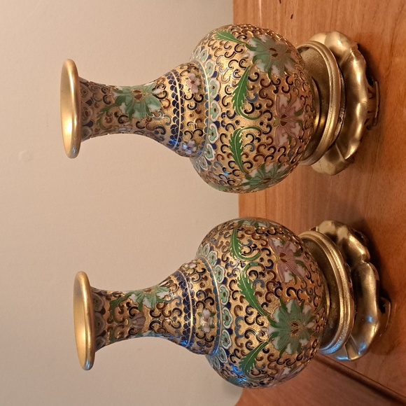 Vintage colorful cloisonne brass enamel vases set of 2